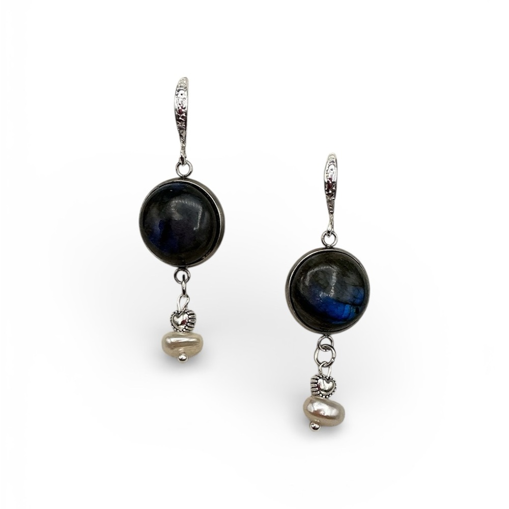 Elegant Artisan Natural Labradorite Cabochon Pearl Earrings
